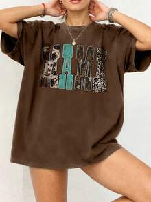 EMERY ROSE Western Wind Leopard Pattern Snake Pattern MAMA Printed Casual Plus Size T-Shirt - Coffee Brown - View 3