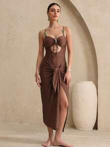 Swim Oasis Summer Vacation Sexy Solid Color Hollow Out Halter Turquoise Accessories Spaghetti Strap Women One-Piece Swimsuit & Sarong Maxi Dress - Brown - View 3