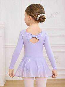 Robe de danse de ballet en maille tricotée lavande avec sequins pour jeunes filles, tenue de danse ajustée avec nœud papillon au dos, stretch douce - Parme - Voir 3