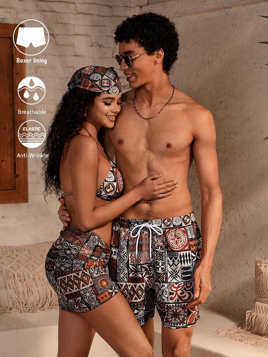 Azuldrift Men's Geometric Pattern Drawstring Waist Beach Shorts Men Swim Trunks Geometric Hawaiian Shorts For Men Men Swim Trunks Brown - Coffee Brown - View 1