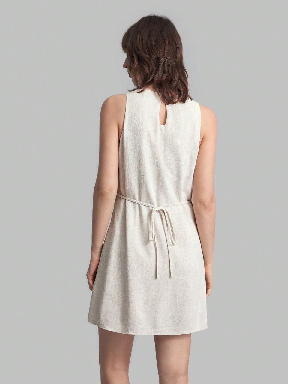 Women's Off-White Summer Elegant Modest Vacation Holiday Dress,10% Linen Sleeveless Fitted Waist Short Dress,Minimalist Office Commute Urban Outfit