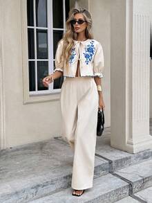 Serisse Women's Floral Print Tie Front Top And Wide Leg Pants Casual 2 Pieces Set,Vacation Outfits Women - Blue - View 5