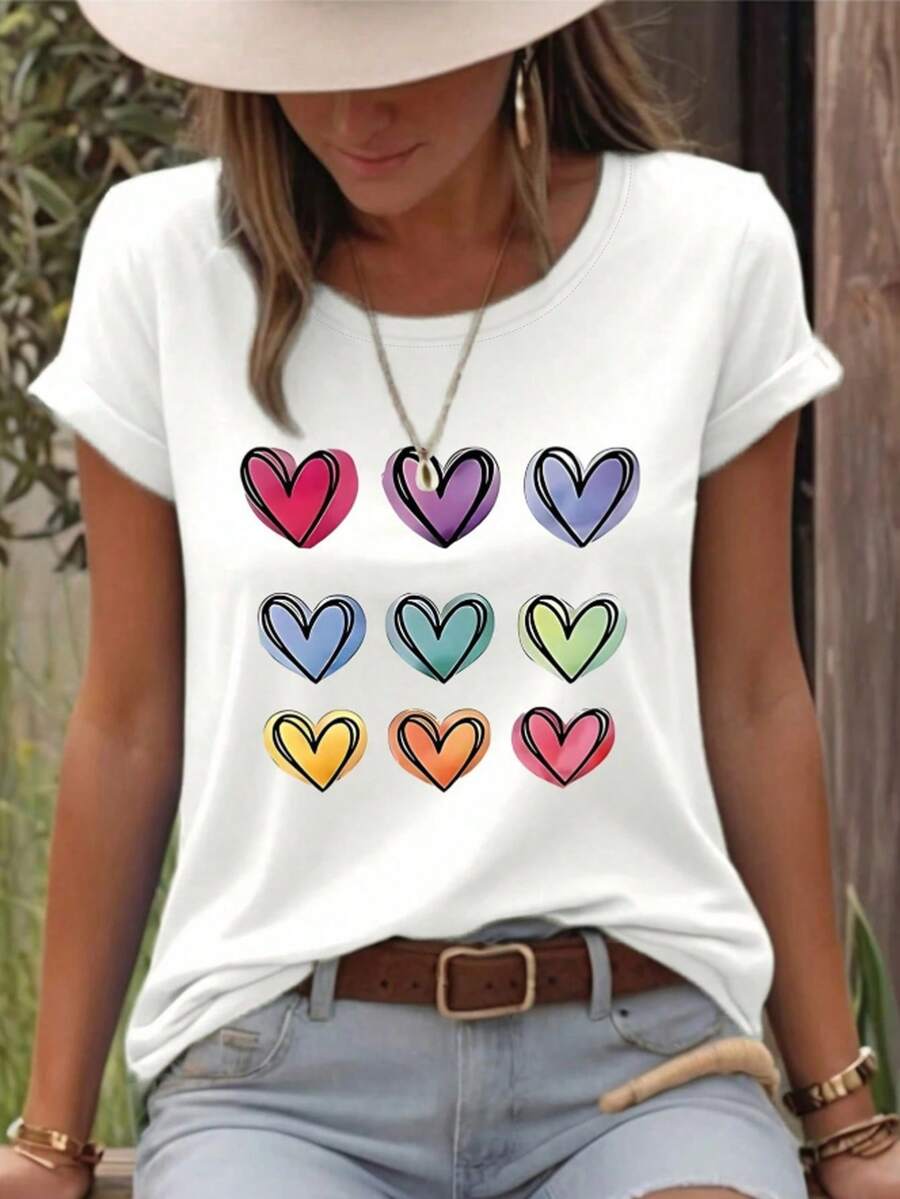 Camiseta de mujer de manga corta con cuello redondo y diseño lindo de corazones y graffiti - Blanco - Ver 1