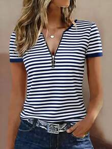Áo thun nữ tay ngắn mùa hè, họa tiết kẻ sọc, cổ chữ V, khóa kéo kim loại. - Nhiều màu - Xem 5