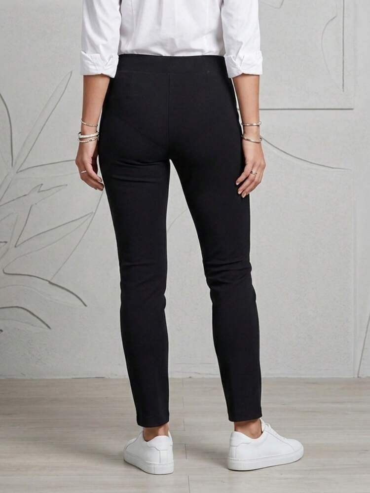 Pantalón semientubado para mujer, clásico, casual y elegante, tela de algodón y poliéster, apto para cualquier temporada. Colores lisos sin estampados. Ajuste de cintura natural con resorte ligero, bolsillos funcionales. Fresco, ligero y cómodo. - Negro - Añade 3