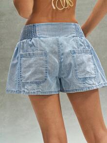 Bohemela 女士低腰复古松紧腰牛仔短裤 - 藍色 - 查看 3