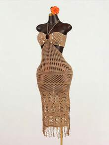 SaltGleam SaltGleam Women's Summer Vacation Hollow-Out Sequin Fringe Hem Halter Knit Dress - Khaki - View 3