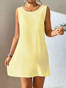 SHEIN Swim 女士纯色圆领休闲度假日常穿着罩衫连衣裙 - 黃色 - 查看 5