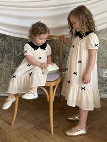 SHEIN Đầm dệt kim cổ Peter Pan phối màu tương phản dành cho bé gái, kiểu dáng thường ngày. - Màu be - Xem 5