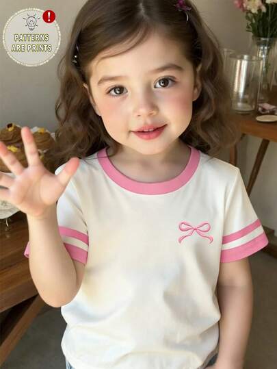 Baby Girls' New Fashion SS26 Spring And Summer Clothes, Casual Comfortable Stylish Minimalist Creative Unique Fresh Striped Faux Embroidery Bow Pattern Print Casual Spring/Summer Short Sleeve T-Shirt, Suitable For Daily Wear And Spring/Summer Vibe Tops