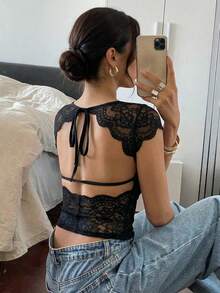 Firerie 女士新款性感黑色蕾丝拼接露背修身T恤，优雅现代性感派对黑色露背船领蕾丝上衣，适合情人节、婚礼季、春夏音乐节派对穿着，蕾丝边饰上衣，露背女式上衣，春夏，优雅，通勤，约会，婚礼季，毕业典礼，工作，返校，女士生日，假期，音乐节 - 黑色 - 查看 4