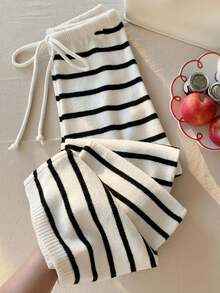 Comfortcana Plus Size Women Drawstring Waist Striped Casual Versatile Daily Wear Knit Pants - White - View 5