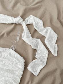 少女优雅甜美背心和吊带衫，配套围巾，杏色褶皱腰部蕾丝短款上衣 - 杏色 - 查看 3