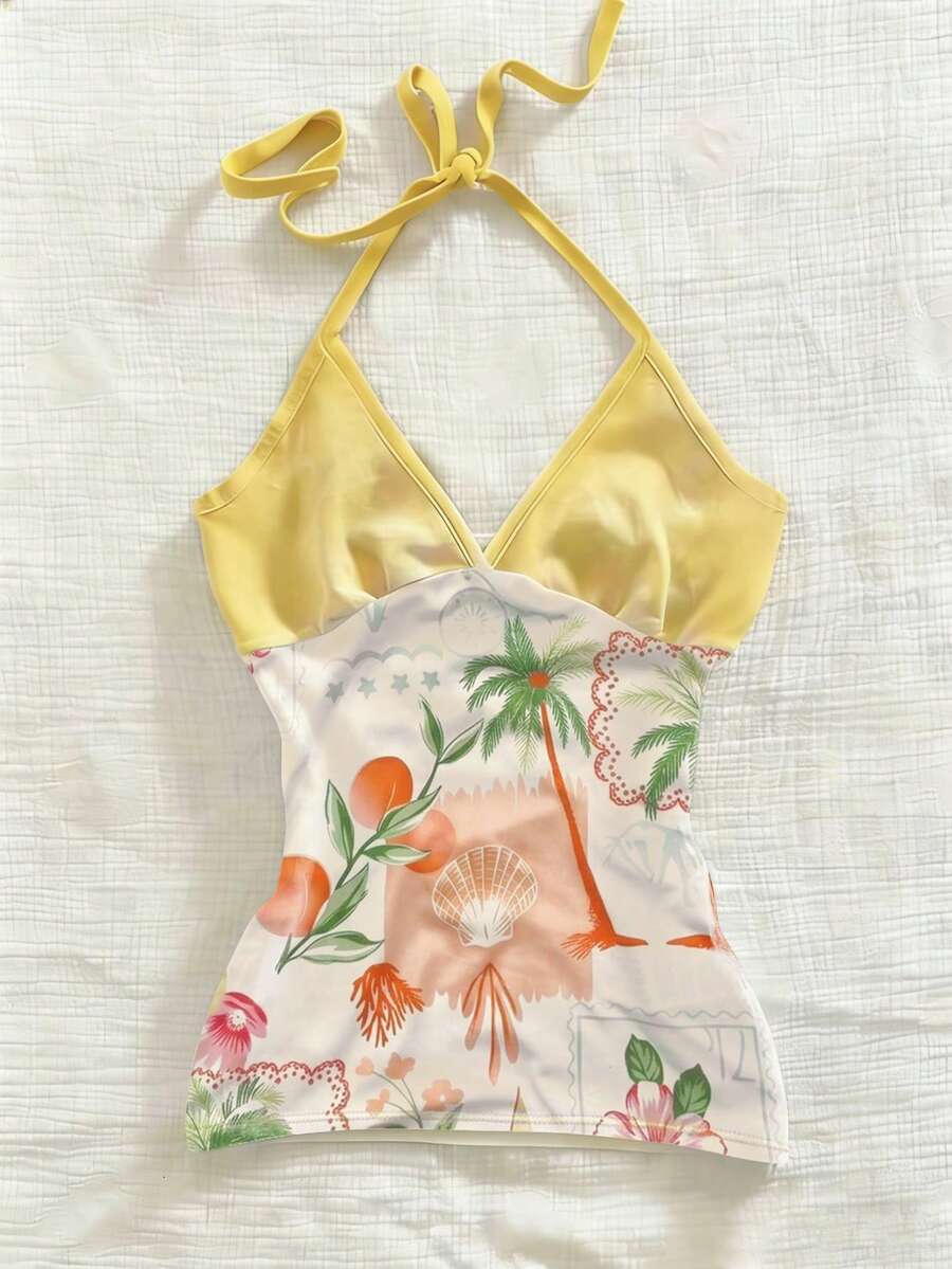 Glimmora Women's Floral Print Color Block Spaghetti Strap Backless Camisole - White - View 1