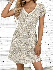 Resyla 女士仿花卉印花连衣裙，休闲舒适撞色设计，适合春夏日常穿着 - 杏色 - 查看 3