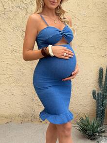 SHEIN 孕妇度假扭结设计镂空性感修身牛仔吊带裙 - 藍色 - 查看 4