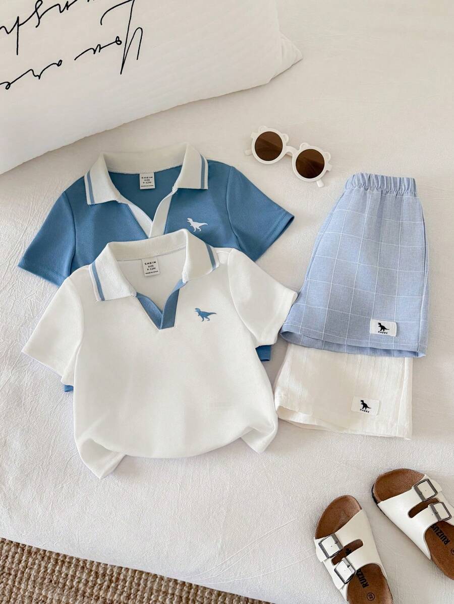 SHEIN 4件套男宝宝学院风夏季可爱印花短袖Polo衫、休闲短裤、格子裤套装,适合生日派对、锐舞派对、晚宴、演出、婚礼、迎婴派对、洗礼、一周岁生日庆祝、婚礼宾客、迎婴派对洗礼服 - 彩色 - 查看 1