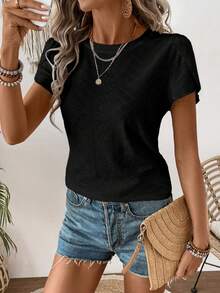 SHEIN LUNE Áo thun nữ tay ngắn cổ tròn màu trơn dáng casual - màu đen - Xem 4