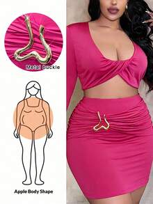 Almamuse Plus Size Solid Color Round Neck Regular Shoulder Long Sleeve Cropped Top With Metal Ring Decor And Mini Skirt 2-Piece Set - Hot Pink - View 1