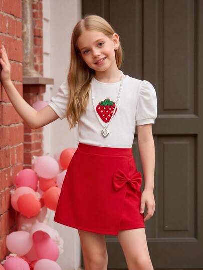 Elladie kids Bộ 2 món phong cách Hàn Quốc thanh lịch, ngọt ngào, dễ thương họa tiết dâu tây, cổ tròn, tay phồng, áo thun casual + chân váy mini vạt lệch nơ đa năng, màu đỏ thời trang, phù hợp cho ngày Valentine, lễ hội, kỳ nghỉ, mặc hàng ngày, mùa xuân/hè/thu.