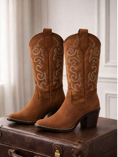 Botas Vaqueras Mujer Bordado Western Tacón Grueso Estilo Cowboy Moda Comodas Todas las Temporadas