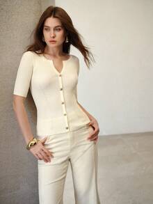 MOTF PREMIUM WOMEN'S FRONT BUTTON RIBBED KNIT SHORT SLEEVE CARDIGAN - Beige - View 4