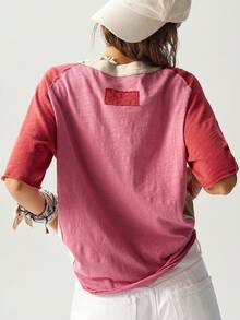 Bohemela 休闲针织撞色圆领宽松大码短袖T恤 - 彩色 - 查看 7