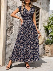 SHEIN LUNE 女式花卉印花褶皱腰连衣裙 女式长款服装 - 彩色 - 查看 6