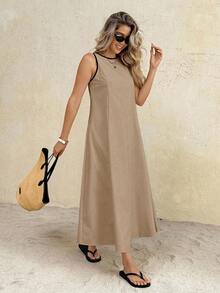 Vestido largo de cuello redondo casual para mujer, adecuado para uso diario y citas - Caqui - Ver 5