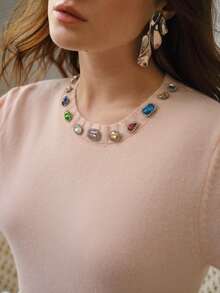 MOTF PREMIUM WOMEN'S RHINESTONE EMBELLISHED SHORT SLEEVE KNIT TOP - Pink - View 1