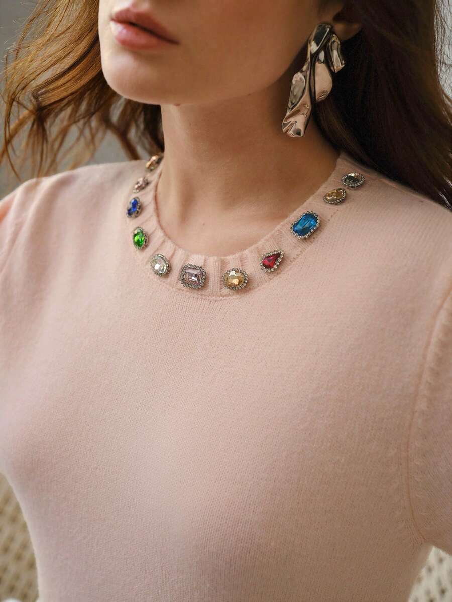 MOTF PREMIUM WOMEN'S RHINESTONE EMBELLISHED SHORT SLEEVE KNIT TOP - Pink - View 1