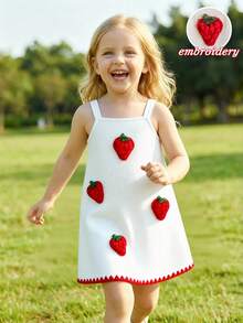 SHEIN Elladie kids 女童可爱简约新款连衣裙，正面草莓3D贴花，波浪形下摆红色装饰，镂空杏色面料，无袖吊带裙，适合可爱、俏皮、淑女的休闲穿着，适合日常上学、海滩度假、郊游等场合。春夏女童无袖连衣裙，夏季连衣裙，儿童白色可爱连衣裙，Ehomkid女童派对连衣裙，草莓连衣裙，儿童草莓连衣裙，优雅刺绣女童夏季连衣裙，优雅派对连衣裙，夏季服装。 - 彩色 - 查看 9