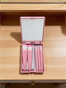 5PCS Portable Makeup Brush Set With Mirror Case Multifunctional Foundation Powder Blush Eye Shadow Blending Brush Kit Professional Cosmetic Tools For Travel Home Use Beauty Gift Set - Pink - View 3