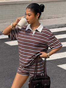 Muchica Women's Multicolor Striped Knitted Polo Top With Short Sleeves And Matching Shorts Casual Two-Piece Outfit - Multicolor - View 3