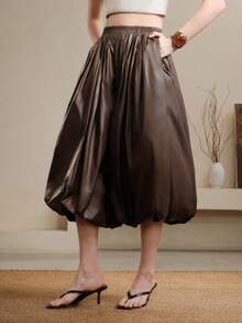 Aveloria Modichic Pantalon décontracté à taille haute plissé, ultra-léger et ample avec taille élastique pour femmes - Marron - Voir 2