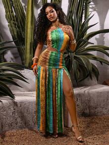 Lureya 女士时尚露背吊带性感镂空收腰紧身条纹扎染荷叶边开衩连衣裙，适合春夏度假穿着 - 彩色 - 查看 5