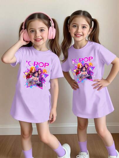 Sweet & Cute Detailed Lively Girl Group Graphic Print Casual Summer Holiday Daily Wear Purple Short Sleeve Dress For Big Girls