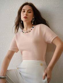 MOTF PREMIUM WOMEN'S RHINESTONE EMBELLISHED SHORT SLEEVE KNIT TOP - Pink - View 2