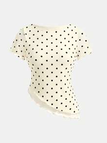 SHEIN Girlism 杏色针织网眼休闲简约波点印花紧身不对称下摆短款上衣，适合春夏穿着，休闲百搭，可打造个性造型，日常穿着。 - 杏色 - 查看 7