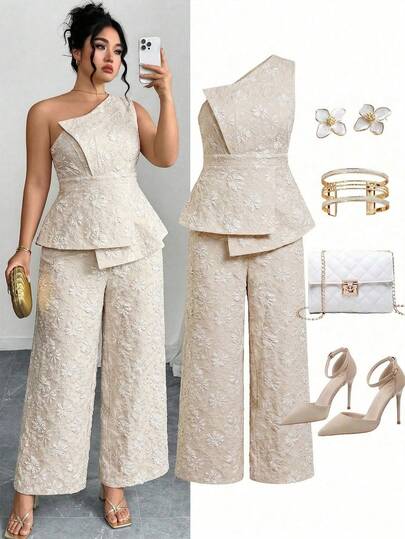 Ellevyn 2pcs Plus Size Women Elegant Gold Foil Decor Sleeveless Crop Top And Wide Leg Pants Set