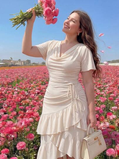 SHEIN MOD Plus Size Scoop Neck Apricot T-Shirt, Elegant For Commuting, Flared Sleeves, Stretchy Ruched, Vintage For Everyday Wear,Work Tops For Women,Casual Blouses For Women,Elegant Women's Blouses, Cream Top, Ivory Top, Ruched Tops For Women, Draped Top, Cream Top, ChampagneTop,