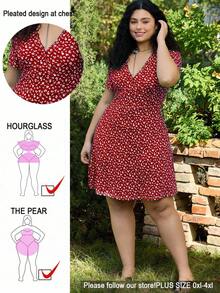 SHEIN EZwear 大码女式V领碎花时尚约会派对连衣裙 - 玫瑰紅 - 查看 1
