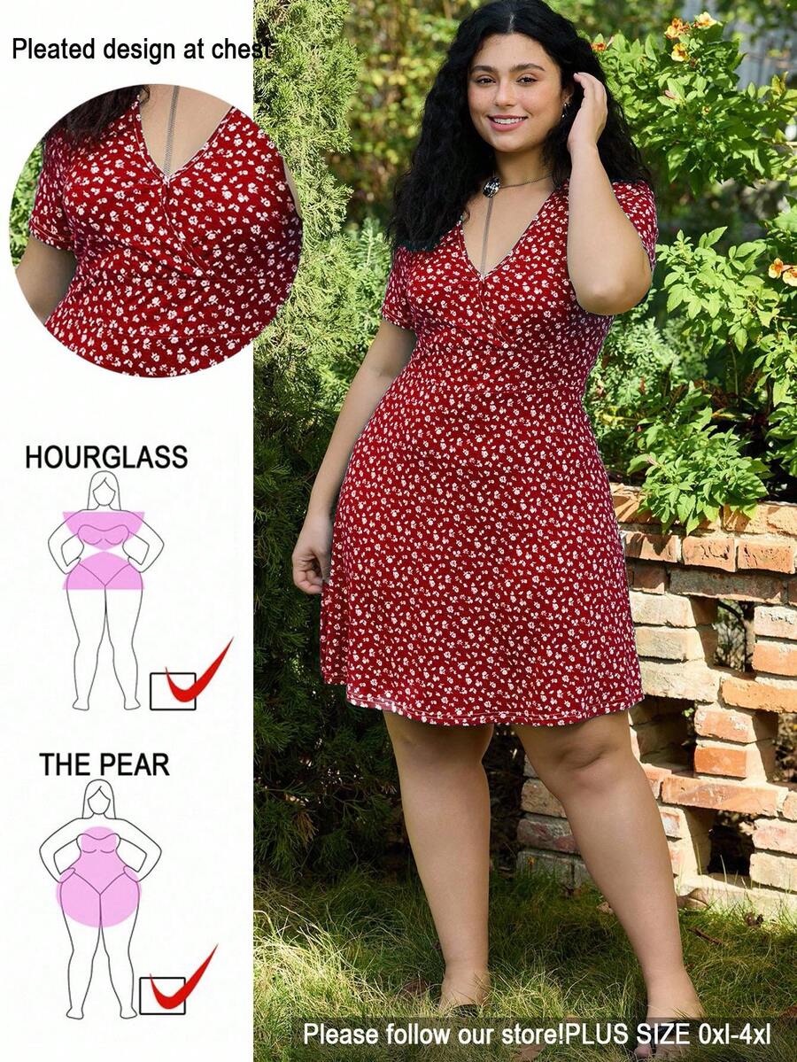 SHEIN EZwear 大码女式V领碎花时尚约会派对连衣裙 - 玫瑰紅 - 查看 1