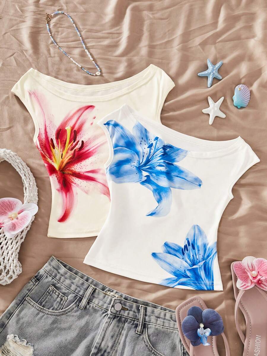SHEIN Sparklyn 2pcs/Set Girls Vacation Tight Off-Shoulder Multi-Piece Multi-Color T-Shirt - White - View 1