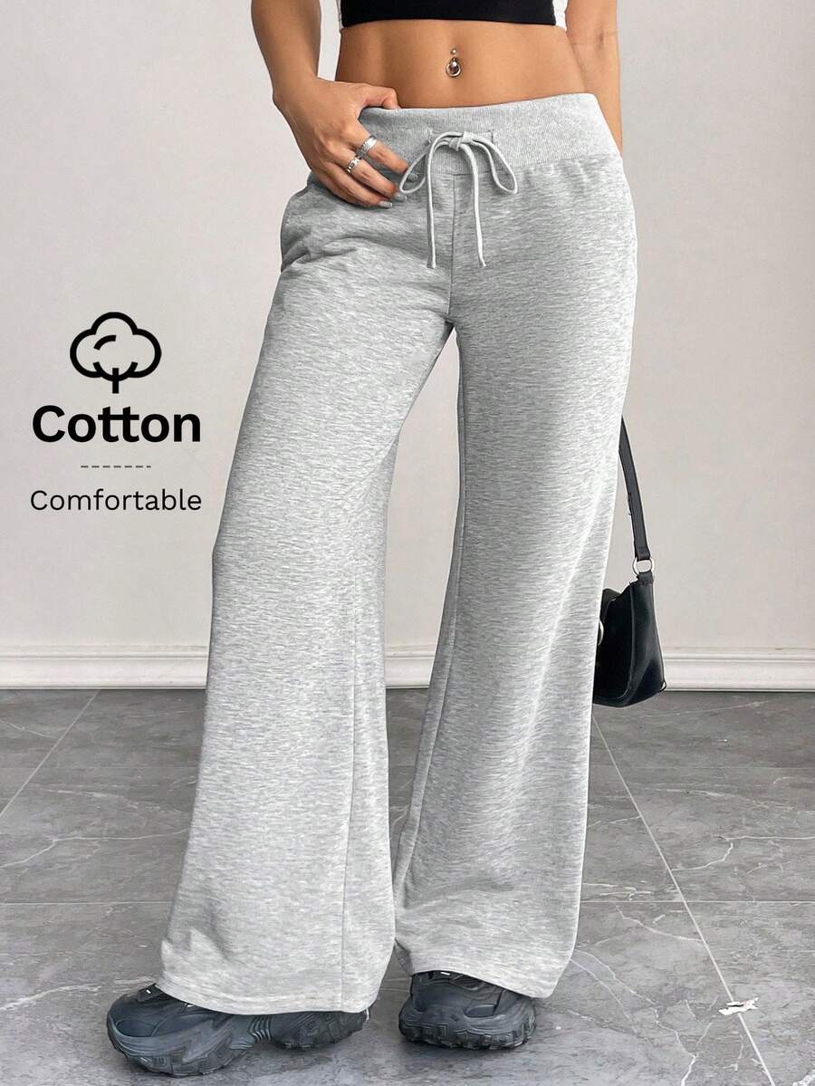 SHEIN PETITE Pantalones de chándal cómodos y casuales de punto liso de tiro bajo y pierna ancha para mujer - Gris - Ver 1