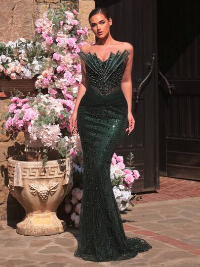 Glamrae Elegante y lujoso vestido de sirena con hombros descubiertos, adornado con cuentas y lentejuelas, adecuado para bodas, fiestas, vacaciones, galas y ocasiones formales (muy recargado)