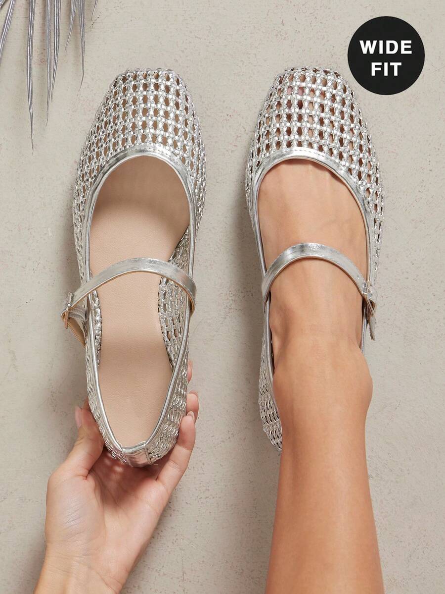 SHUZIA Giày búp bê Mary Jane dáng rộng thoải mái dành cho nữ, chất liệu giả da, mũi vuông, dệt kim. - Bạc kim loại - Xem 1