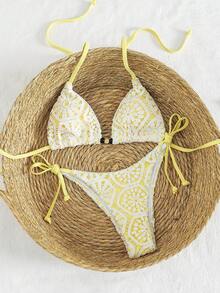 Swim Vcay 新款奢华优雅两件套白色钩编蕾丝和焦糖/棕色三角比基尼，女士款，挂脖式泳衣上装饰有木珠，性感高衩丁字裤泳装，适合夏季海滩泳池度假，复古Y2K辣妹风泳装，音乐节、热带海岸早午餐、海岛度假及摩登风情。 - 黃色 - 查看 4