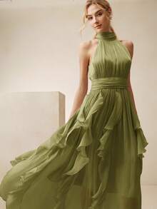 Anewsta 女士新款优雅无袖吊带长裙，腰部褶皱显瘦闪亮波浪裙摆连衣裙，粉色，适合宴会、派对、聚会等场合 - 綠色 - 查看 4