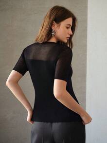MOTF PREMIUM 女士短袖修身半透明针织上衣 - 黑色 - 查看 3